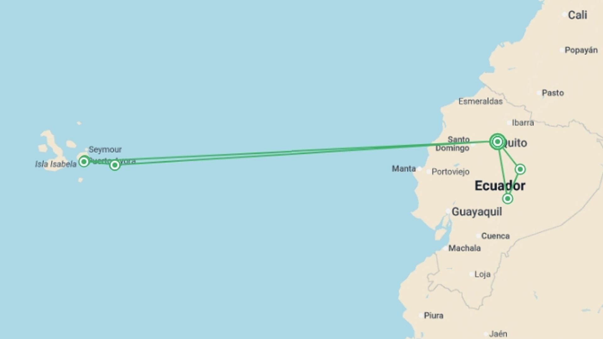 A map showing the tour itinerary for the trip: Amazon to Galapagos Discovery, starting in Quito, Ecuador and ending in Quito, Ecuador going through 5 other destinations.