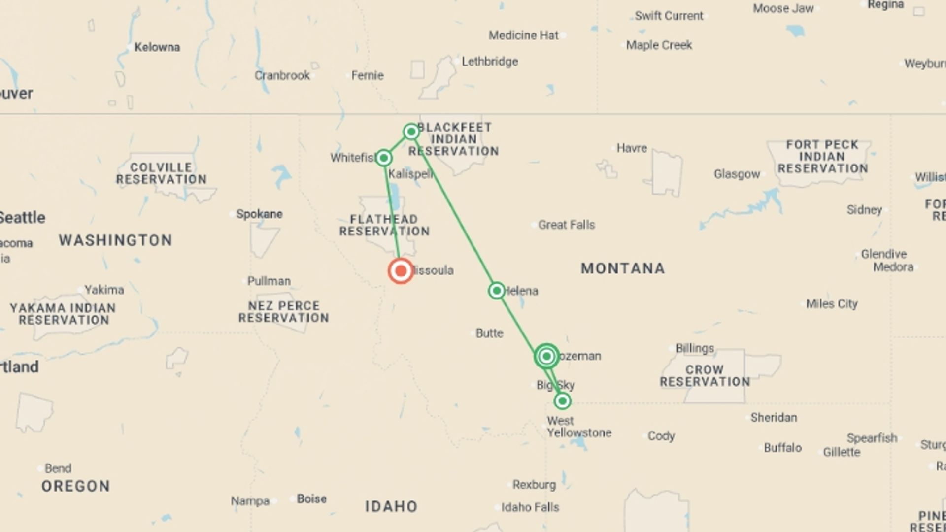 A map showing the tour itinerary for the trip: Montana: Exploring Big Sky Country featuring Yellowstone & Glacier National Parks, starting in Bozeman, USA and ending in Missoula, USA going through 5 other destinations.
