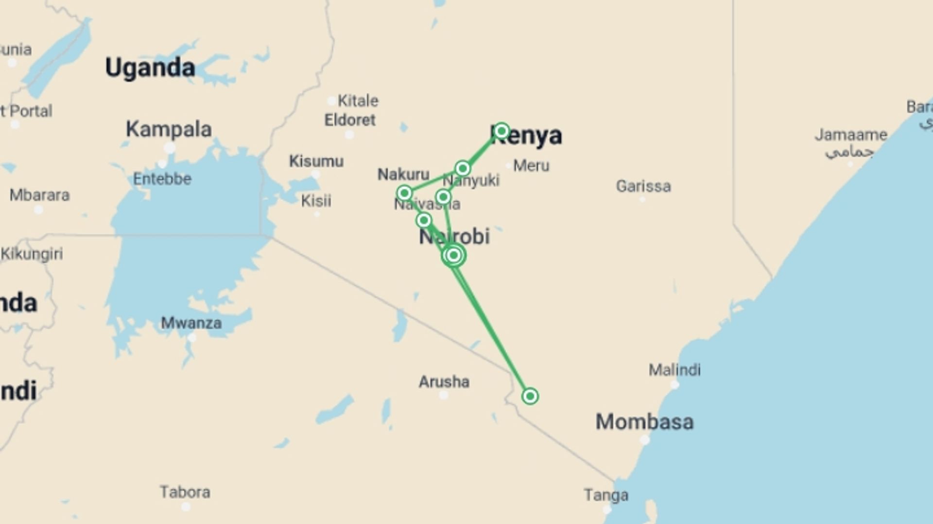 A map showing the tour itinerary for the trip: 14 Day Legendary Expedition Safari, starting in Nairobi, Kenya and ending in Nairobi, Kenya going through 10 other destinations.