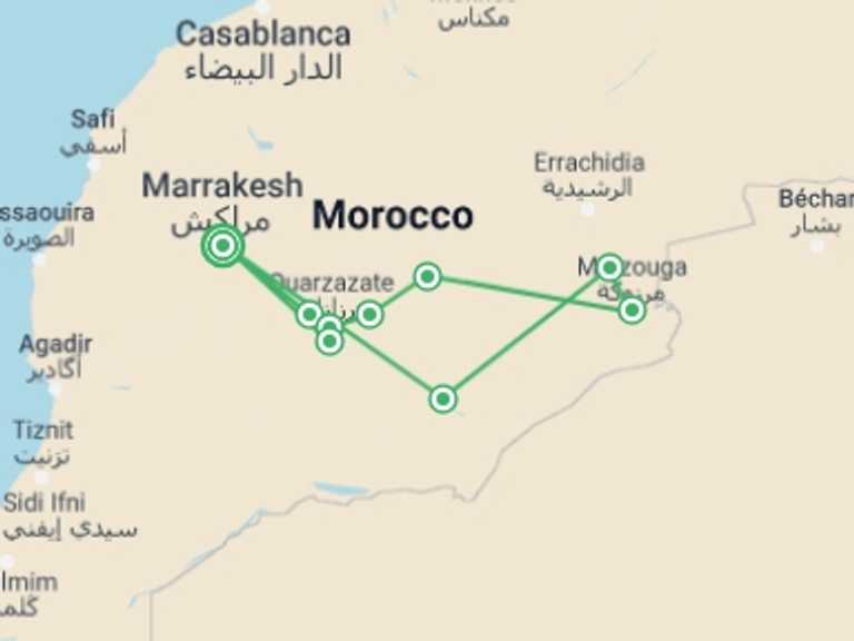 Map of 9-Day Marrakech Tour with 6 destination visits for the trip: Route Of 1000 Kasbahs, Self-drive