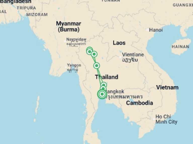 Map itinerary of Asia Tour in April 2027 with 4 destination visits for the trip: Trails And Gems Of Siam, Small Group Tour