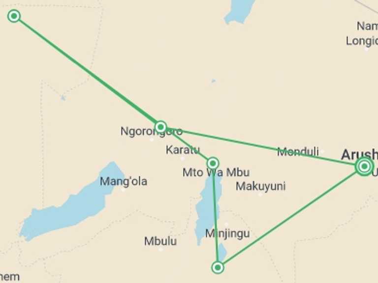 Map of 6-Day Ngorongoro Crater Tour with 5 destination visits for the trip: 6-Day Tarangire Serengeti Ngorongoro Lake Manyara