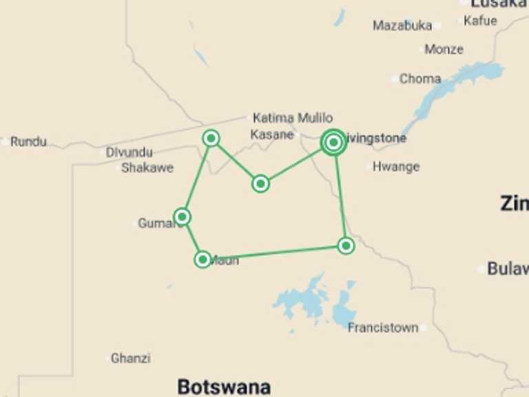 Map itinerary of Africa Tour in February 2026 with 6 destination visits for the trip: Botswana Highlights