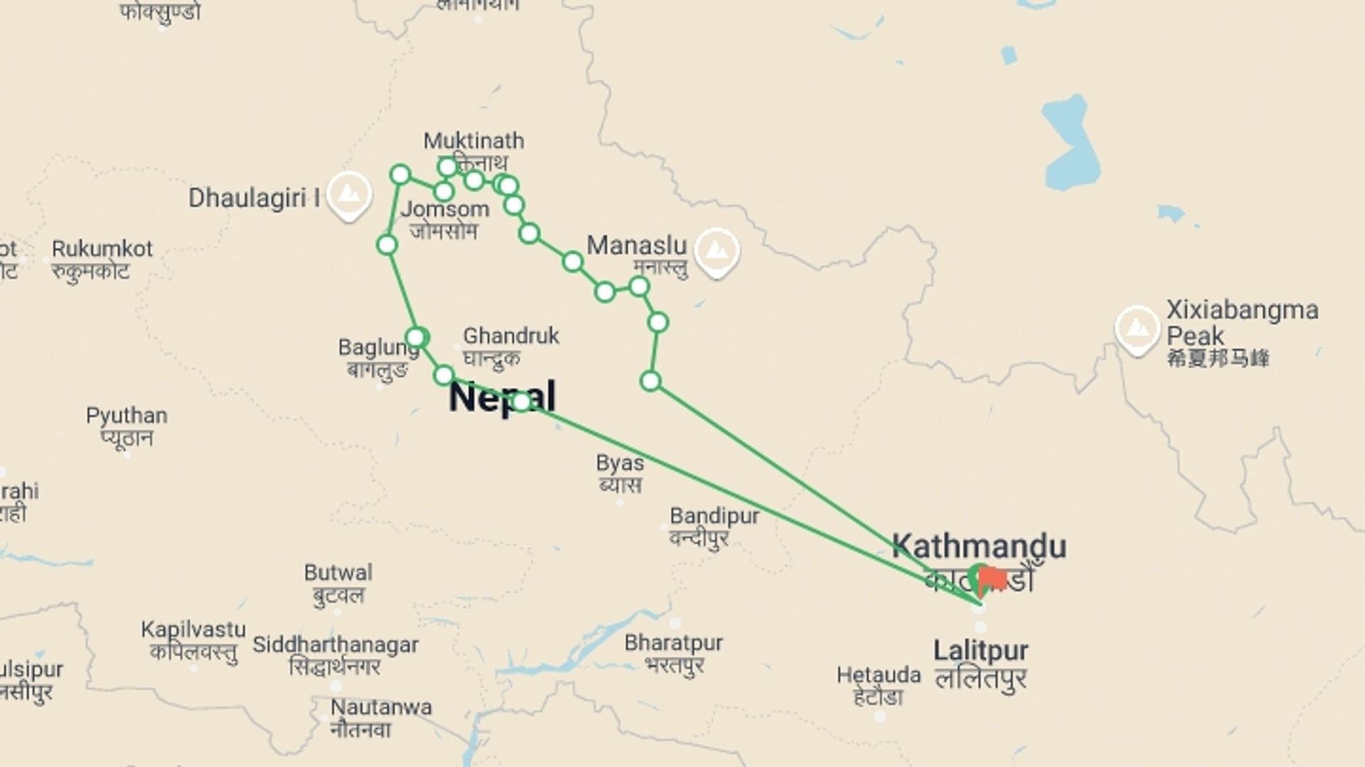 A map showing the tour itinerary for the trip: Annapurna Circuit  Trek, starting in Kathmandu, Nepal and ending in Kathmandu, Nepal going through 14 other destinations.