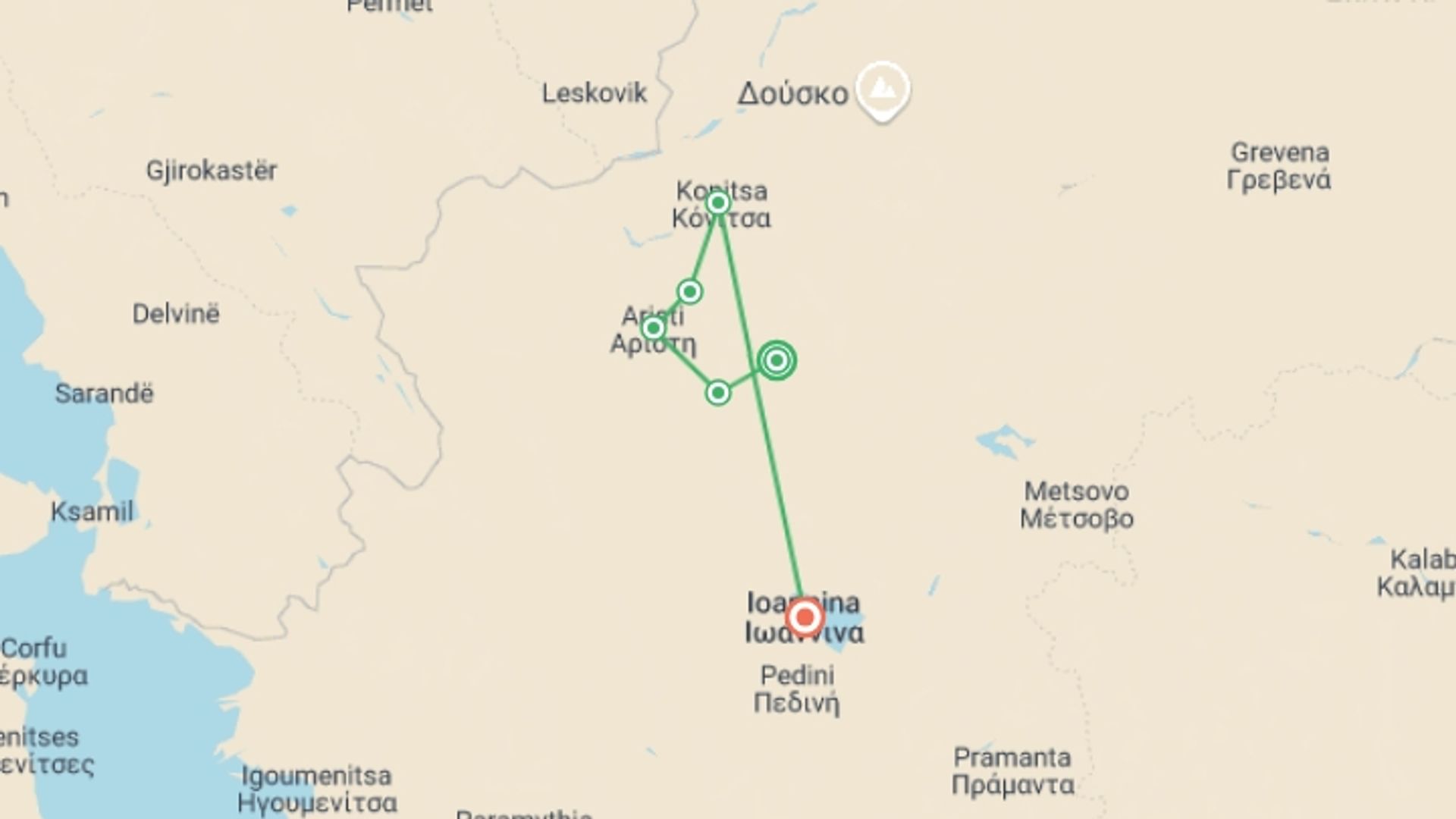 A map showing the tour itinerary for the trip: Zagori Villages & Vikos Gorge Hiking, starting in Tsepelovo, Greece and ending in Ioannina, Greece going through 5 other destinations.