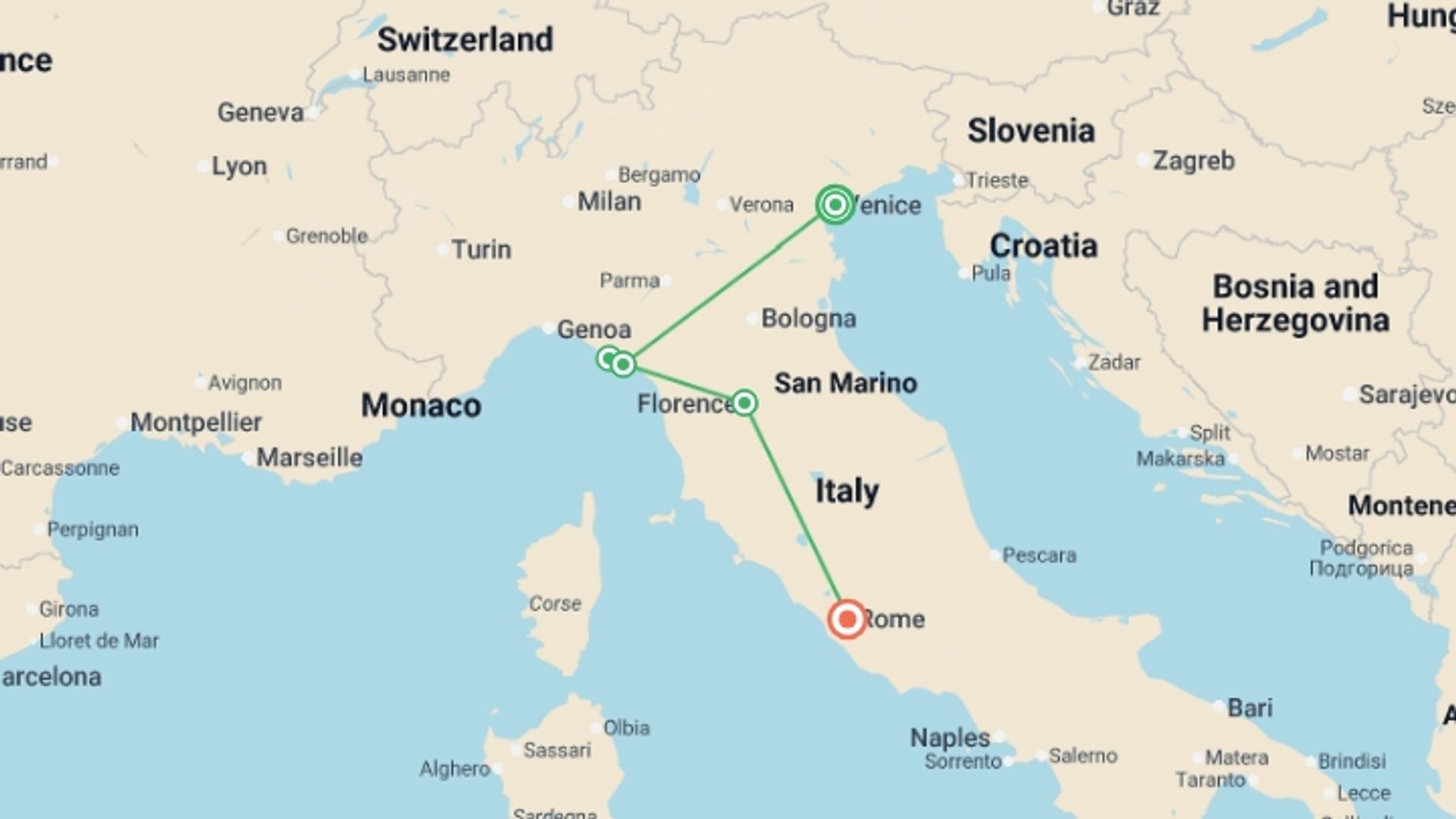 A map showing the tour itinerary for the trip: Highlights of Italy, starting in Venice, Italy and ending in Rome, Italy going through 2 other destinations.