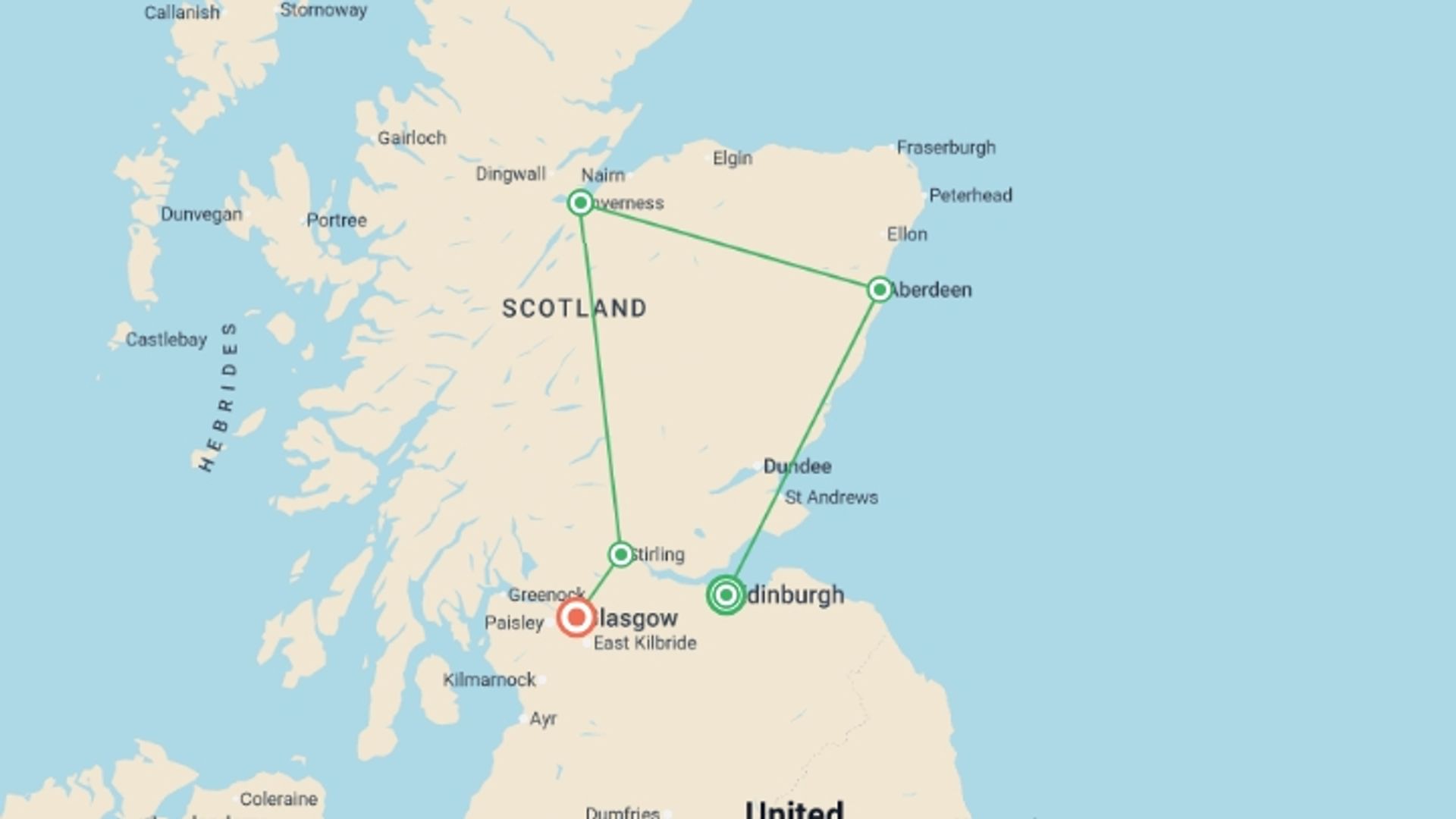A map showing the tour itinerary for the trip: Scotland Highlands & Heritage Tour, starting in Edinburgh, Scotland and ending in Glasgow, Scotland going through 2 other destinations.