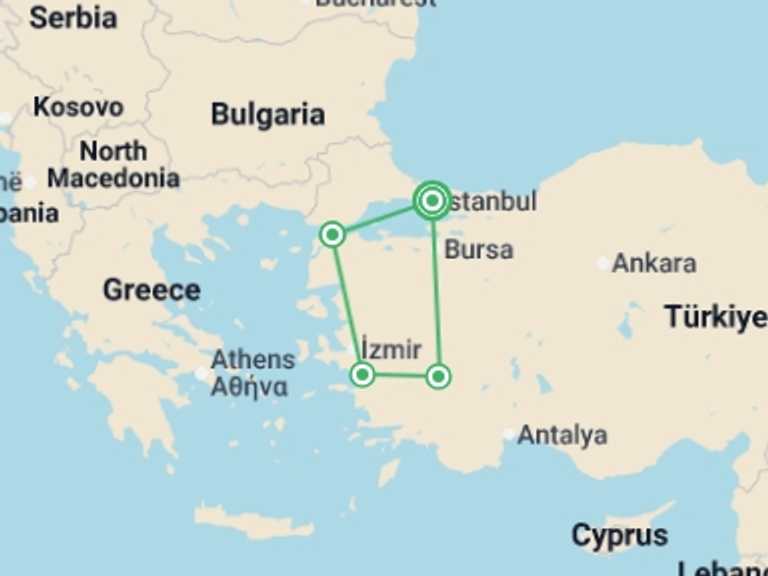 Map itinerary of Europe Tour in June 2026 with 4 destination visits for the trip: Taste of Turkey