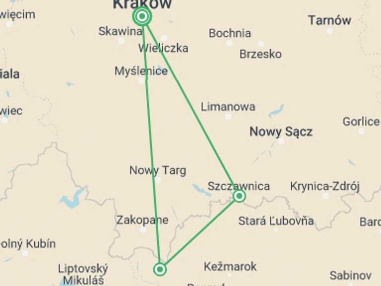 Map itinerary of Krakow Tour in September 2026 with 4 destination visits for the trip: Cycling Krakow to High Tatras