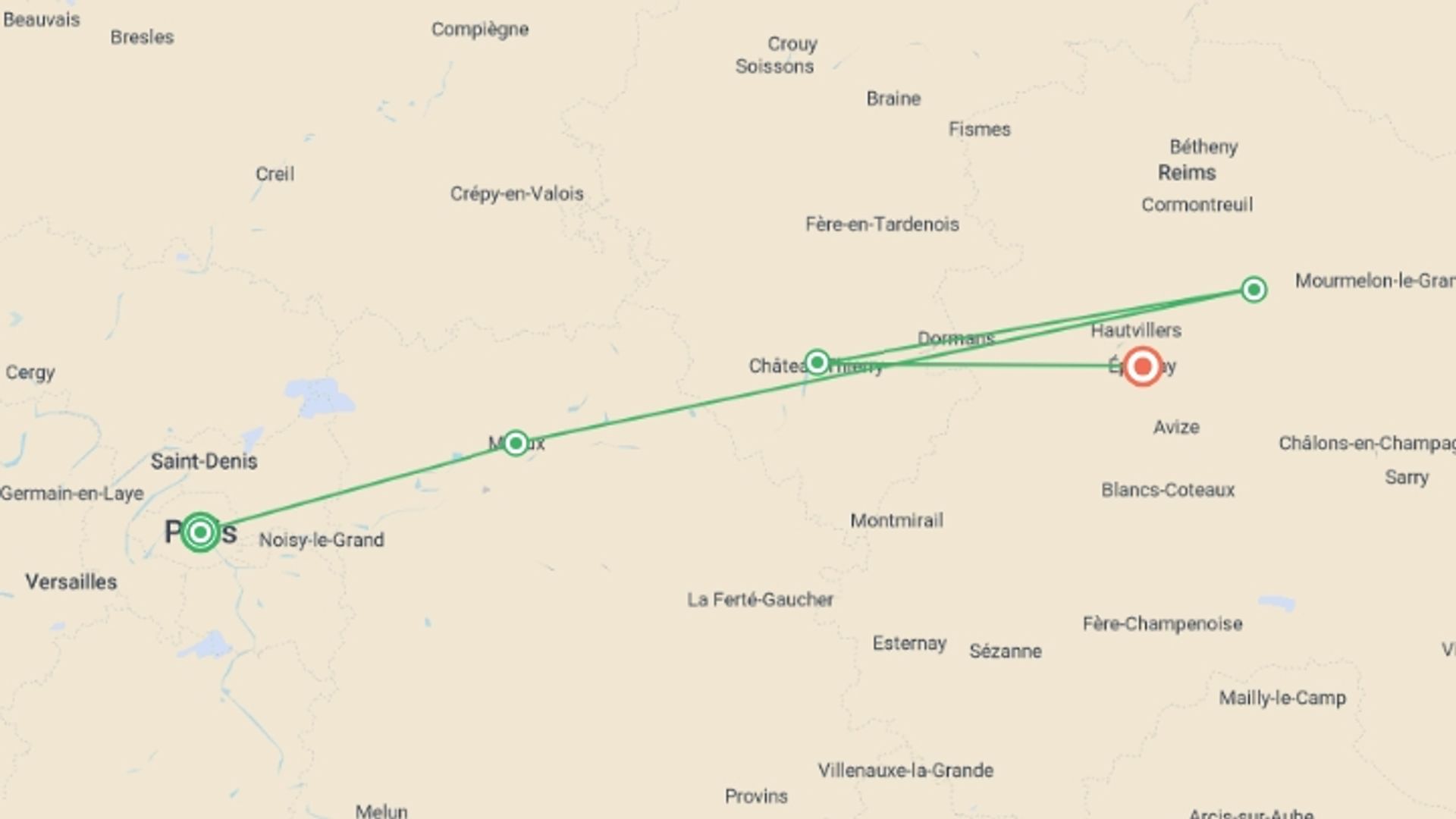A map showing the tour itinerary for the trip: Champagne and Paris by Bike and Barge, starting in Paris, France and ending in Épernay, France going through 4 other destinations.