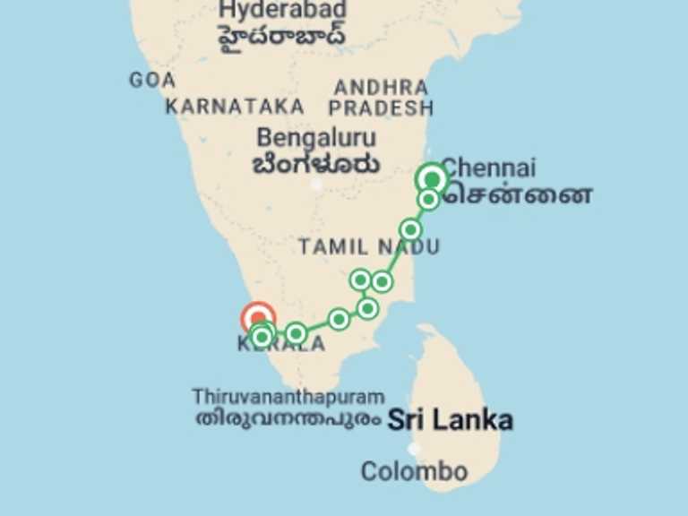 Map itinerary of Chennai Tour in Summer with 13 destination visits for the trip: ENCHANTING TRIP OF TAMIL NADU & KERALA