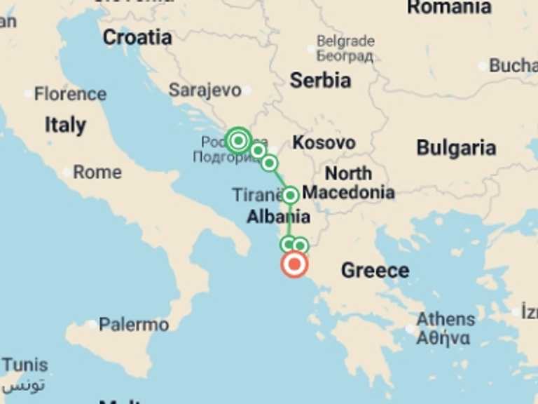 Map itinerary of Tirana Tour in Spring with 6 destination visits for the trip: Essential Southern Balkans