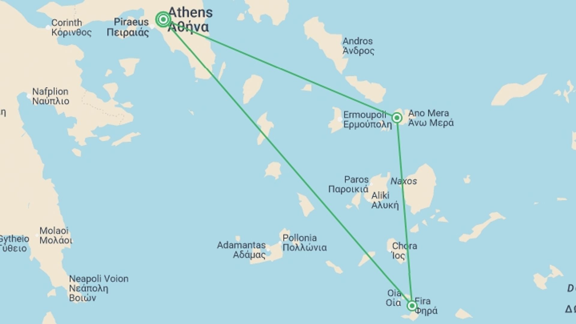 A map showing the tour itinerary for the trip: Greek Island Hopper, starting in Athens, Greece and ending in Athens, Greece going through 2 other destinations.