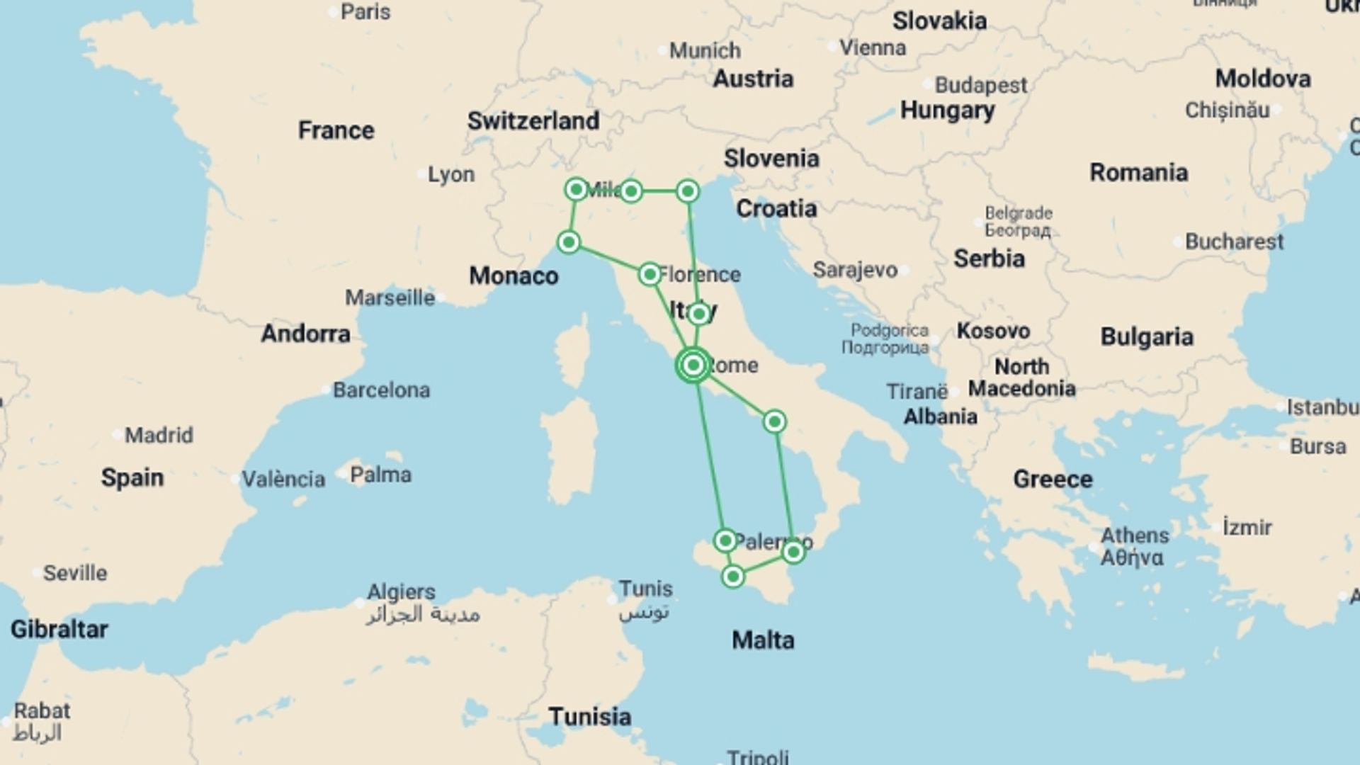 A map showing the tour itinerary for the trip: Grand Italy, starting in Rome, Italy and ending in Rome, Italy going through 10 other destinations.