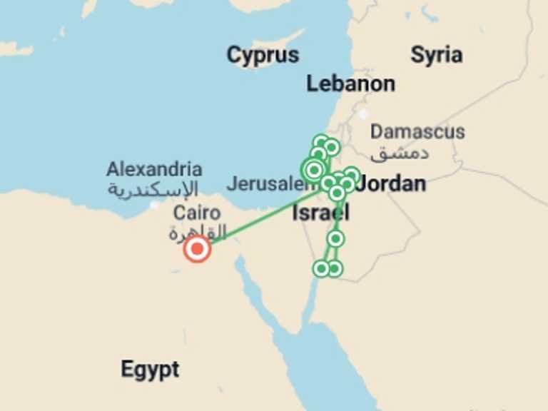 Map itinerary of Aqaba Tour in February 2026 with 9 destination visits for the trip: Israel, Jordan and Cairo