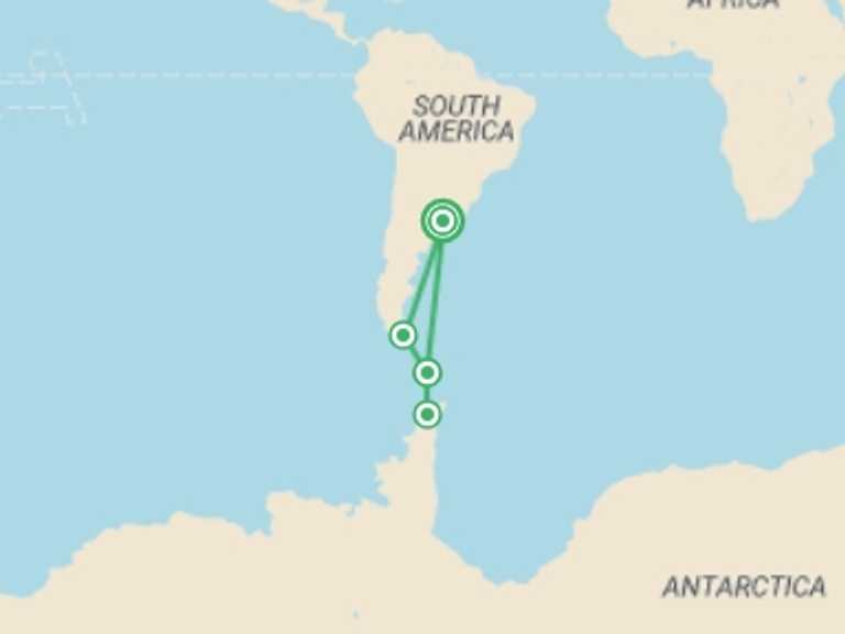 Map itinerary of South America Tour in January 2027 with 4 destination visits for the trip: Antarctic Explorer: Discovering the 7th Continent (World Voyager)