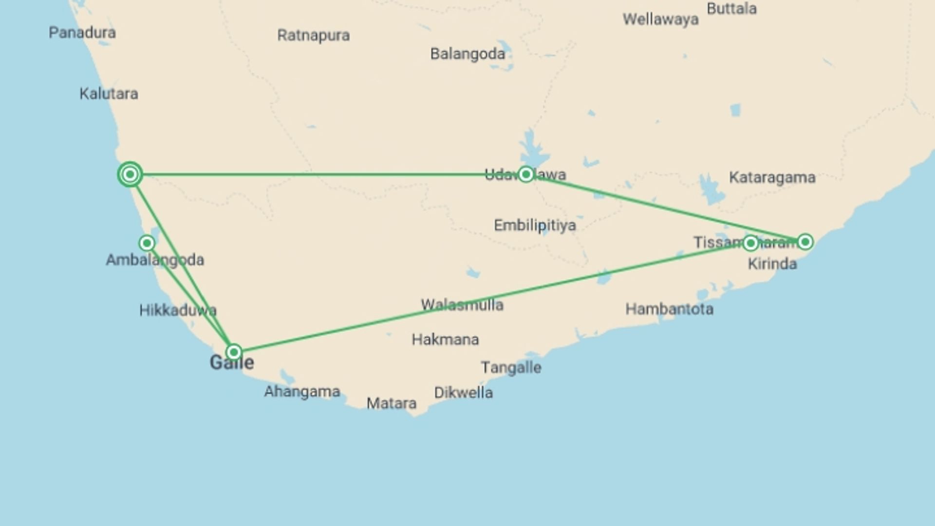 A map showing the tour itinerary for the trip: Yala & Galle 3 Days, Private Tour, starting in Bentota, Sri Lanka and ending in Bentota, Sri Lanka going through 2 other destinations.