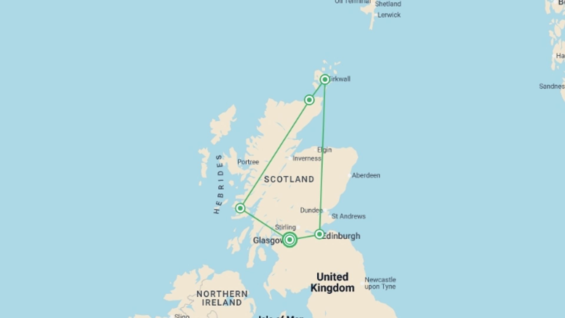A map showing the tour itinerary for the trip: Expedition Through the Scottish Isles: Where Land Meets Legend, starting in Glasgow, Scotland and ending in Glasgow, undefined going through 3 other destinations.