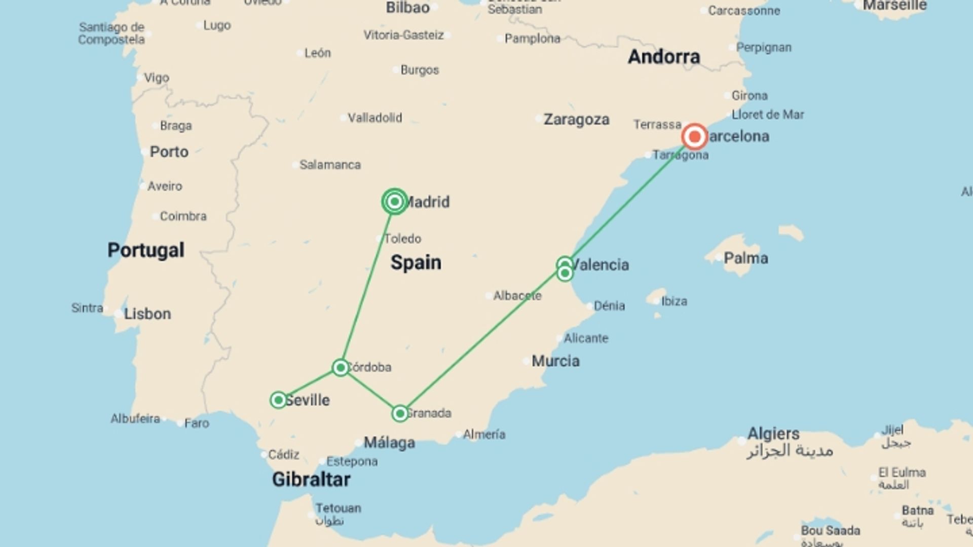 A map showing the tour itinerary for the trip: Journey Through Spain: Madrid to Barcelona, starting in Madrid, Spain and ending in Barcelona, Spain going through 3 other destinations.