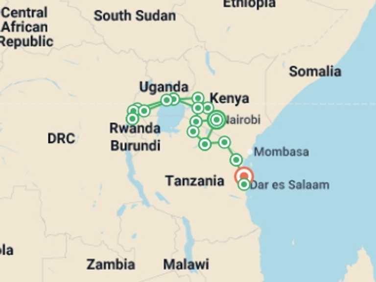 Map itinerary of Nairobi Tour in May 2027 with 19 destination visits for the trip: Gorillas, Game Parks & Beaches