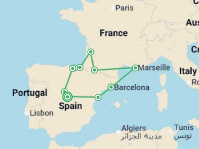 Map of 9-Day Madrid Tour with 7 destination visits for the trip: Basque Country, Lourdes, Provence and Barcelona