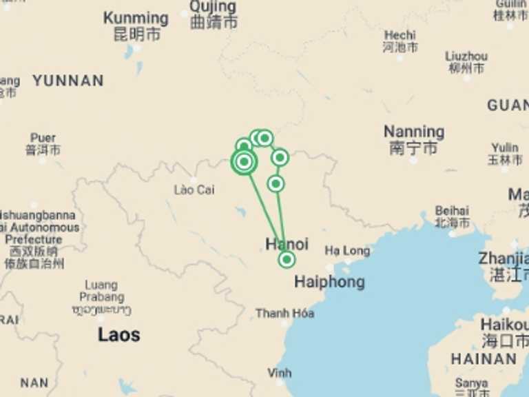 Map itinerary of Hanoi Tour in Winter with 6 destination visits for the trip: Ha Giang - Ba Be National Park 5 Days 4 Nights