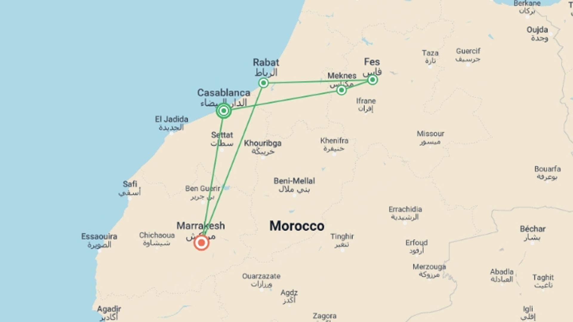 A map showing the tour itinerary for the trip: Treasures of Morocco, starting in Casablanca, Morocco and ending in Marrakech, Morocco going through 2 other destinations.