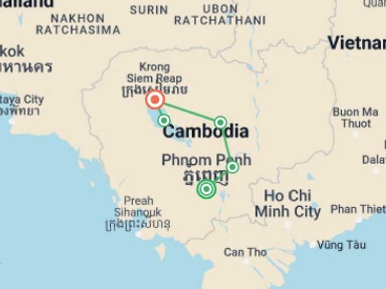 Map of Cambodia Tour with 4 destination visits for the trip: Cambodia Discovery Small Group Tour