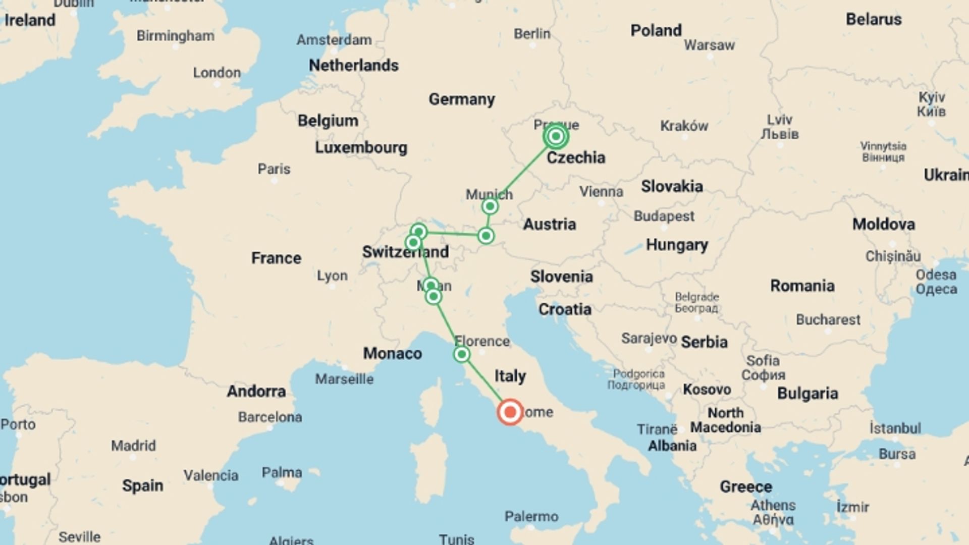 A map showing the tour itinerary for the trip: Majestic Europe, starting in Prague, Czech Republic and ending in Rome, Italy going through 3 other destinations.