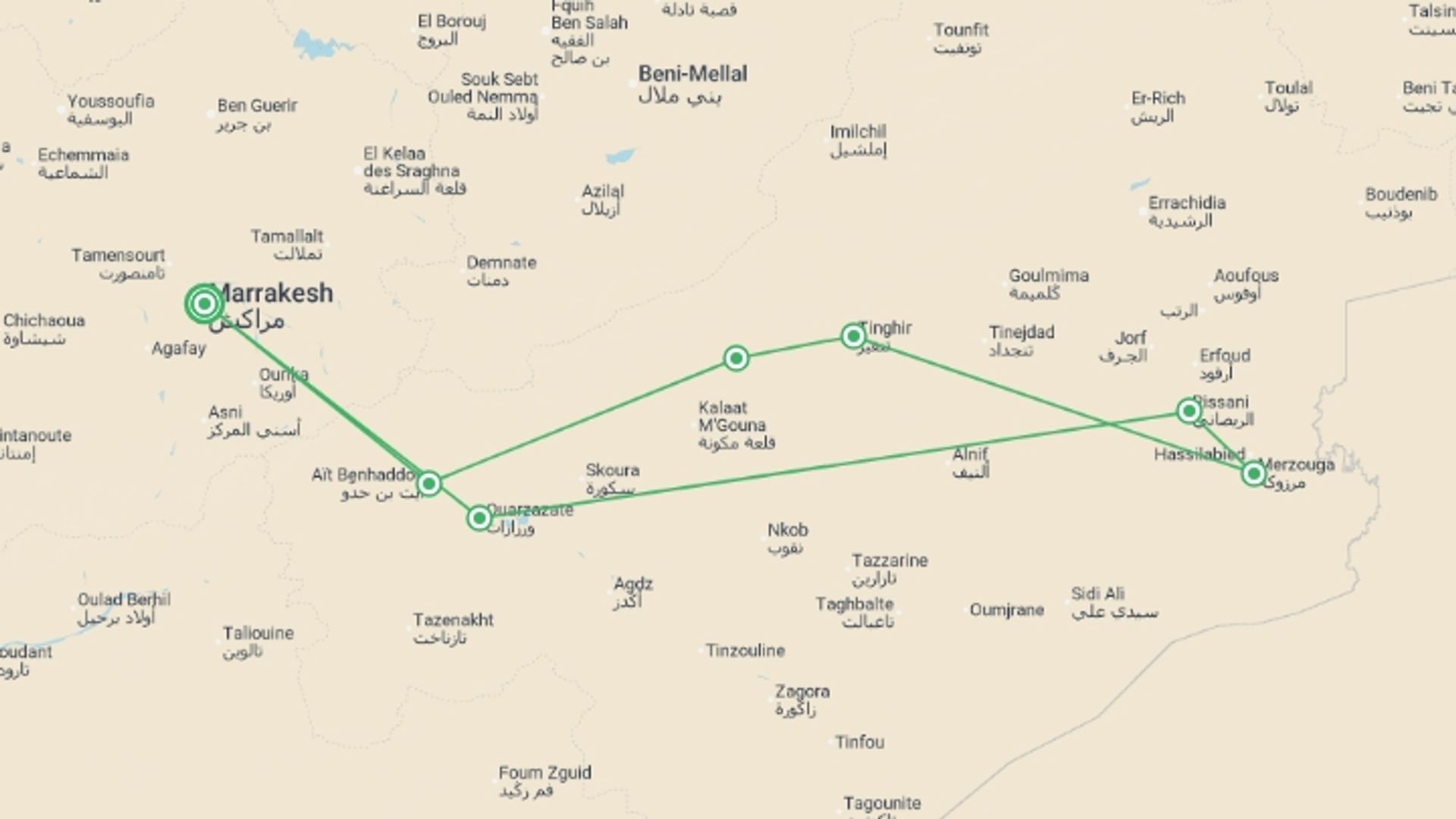 A map showing the tour itinerary for the trip: Dunes And Desert Experience, Private Tour, starting in Marrakech, Morocco and ending in Marrakech, Morocco going through 3 other destinations.