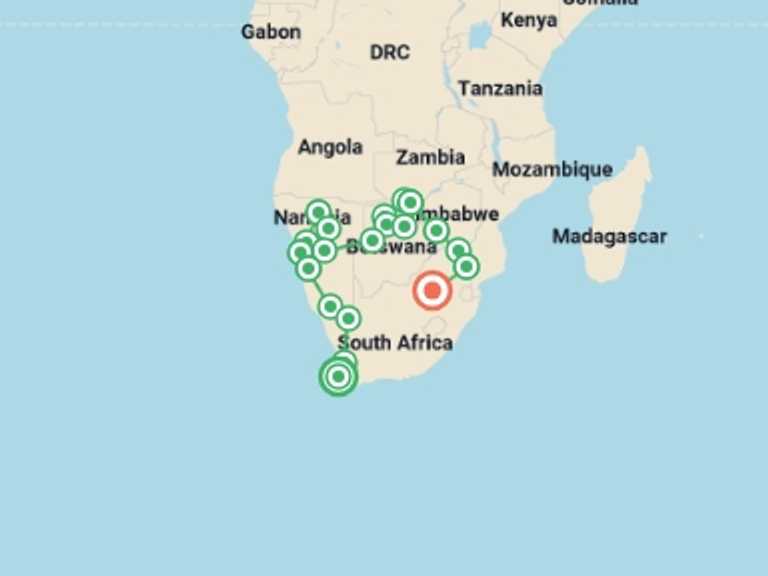 Map of South Africa Tour with 20 destination visits for the trip: Cape Town to Johannesburg Overland Safari & Participation Camping