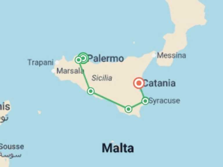 Map itinerary of Europe Tour in April 2027 with 7 destination visits for the trip: A Taste of Sicily - Palermo to Syracuse
