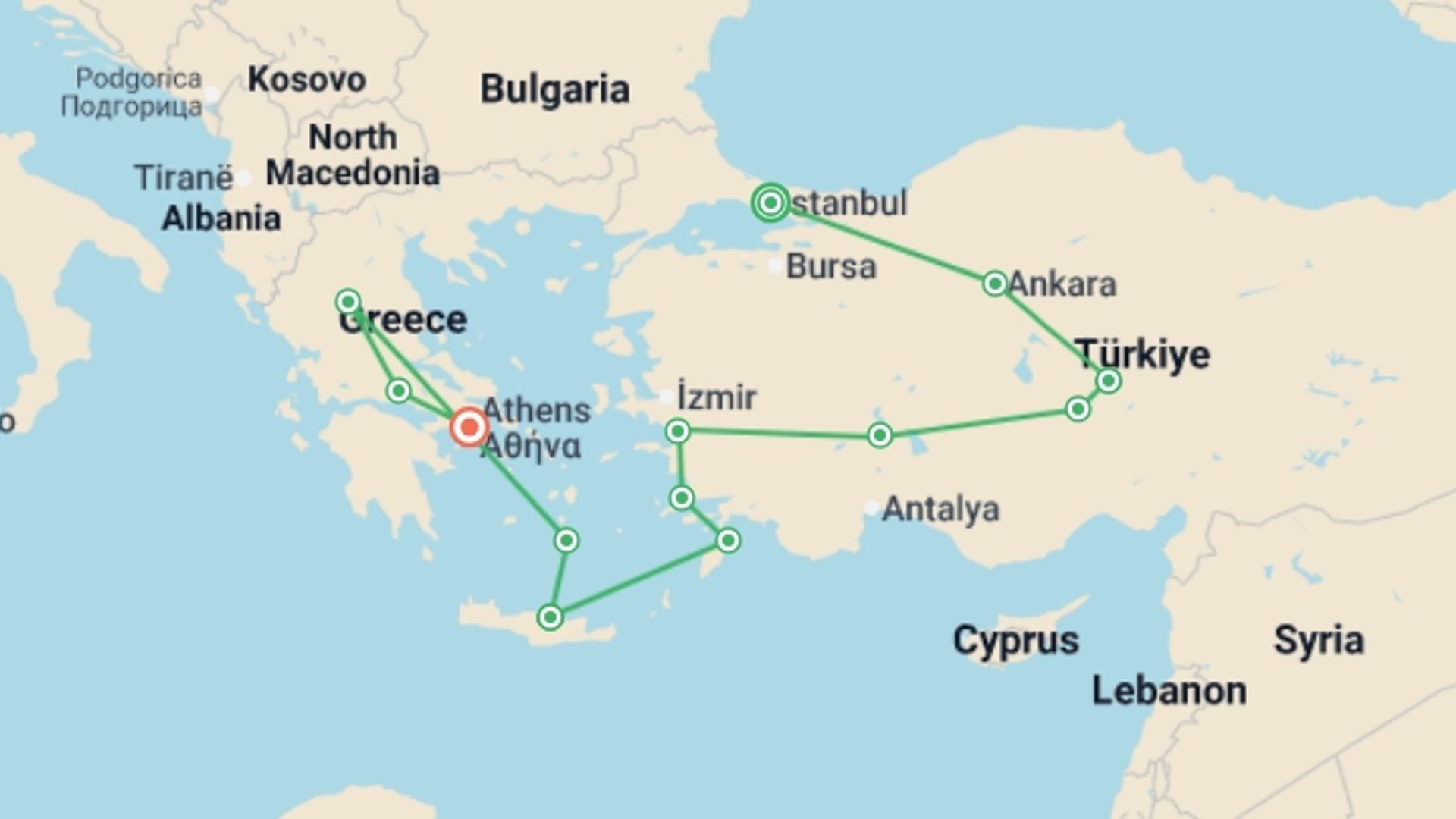 A map showing the tour itinerary for the trip: Great Turkey, Greek Islands and Northern Greece, starting in Istanbul, Turkey and ending in Athens, Greece going through 11 other destinations.
