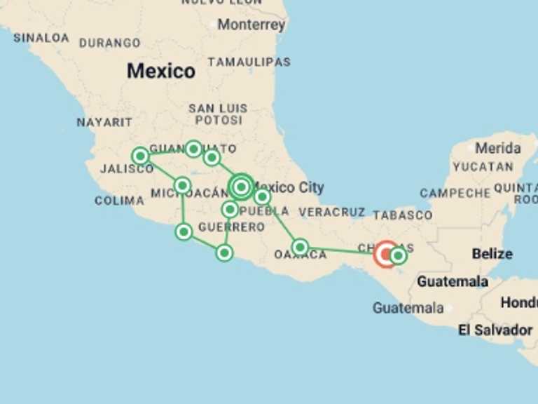 Map itinerary of North America Tour in February 2027 with 12 destination visits for the trip: A Bit of All Mexico