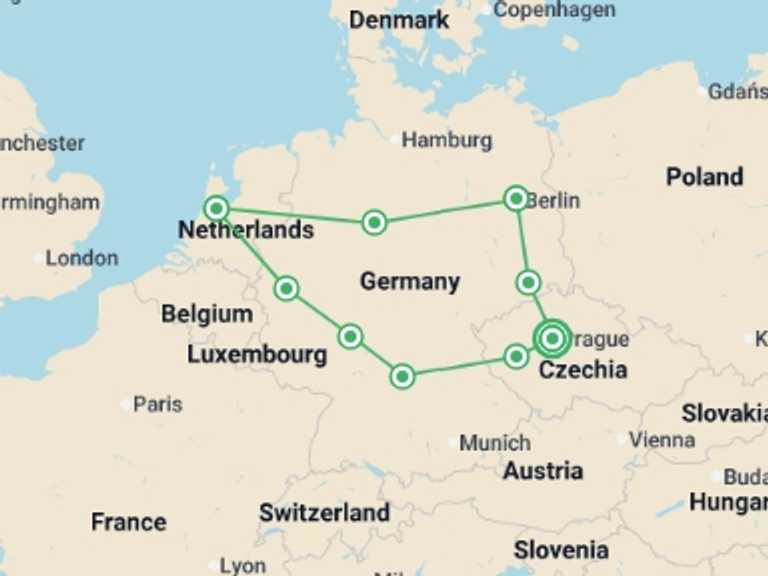 Map of a Explorer Tour with 4 destination visits for the trip: Czech Republic, Amsterdam and Germany, Ending in Prague
