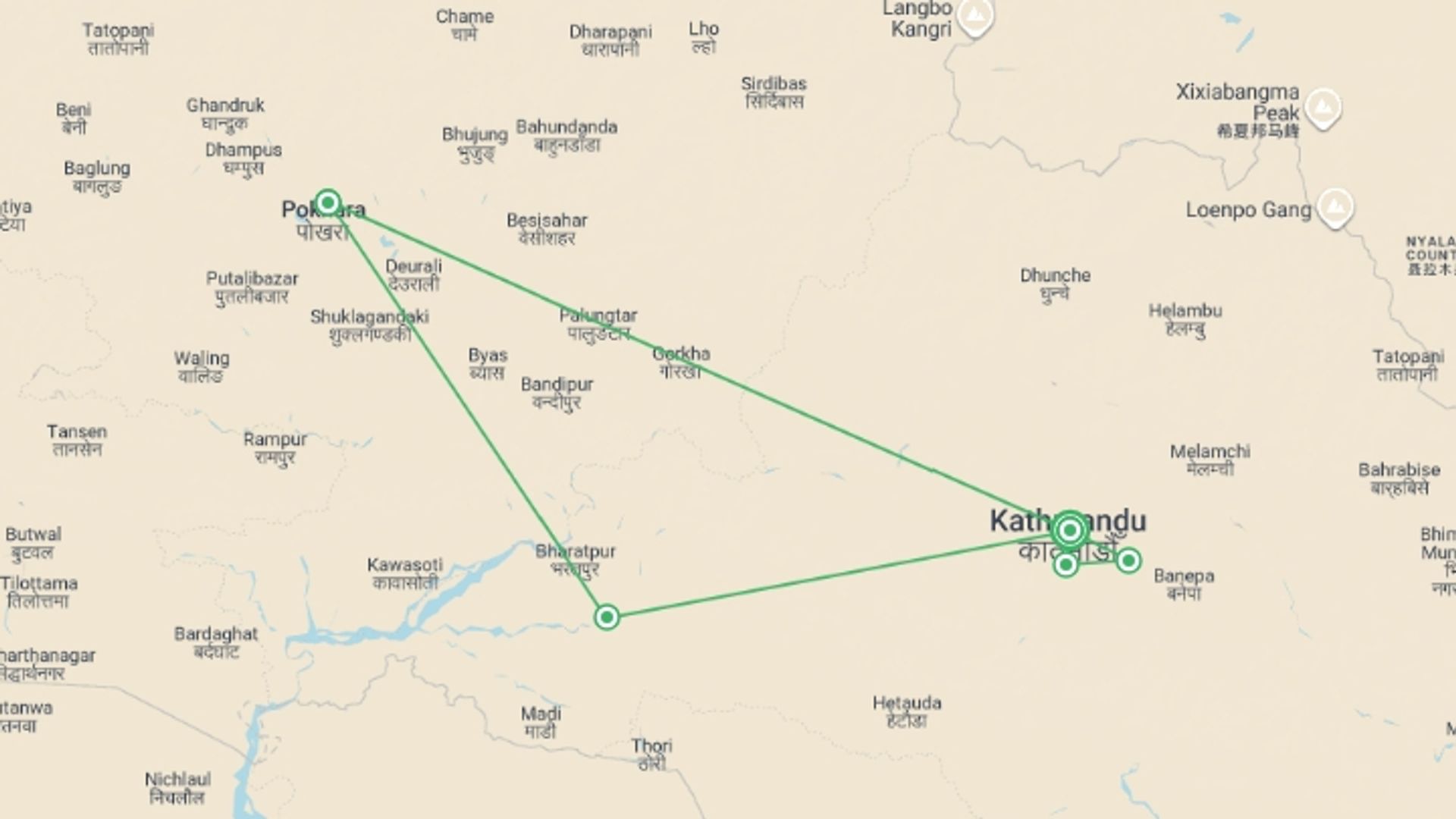 A map showing the tour itinerary for the trip: Highlights of Nepal - 9 days, starting in Kathmandu, Nepal and ending in Kathmandu, Nepal going through 2 other destinations.