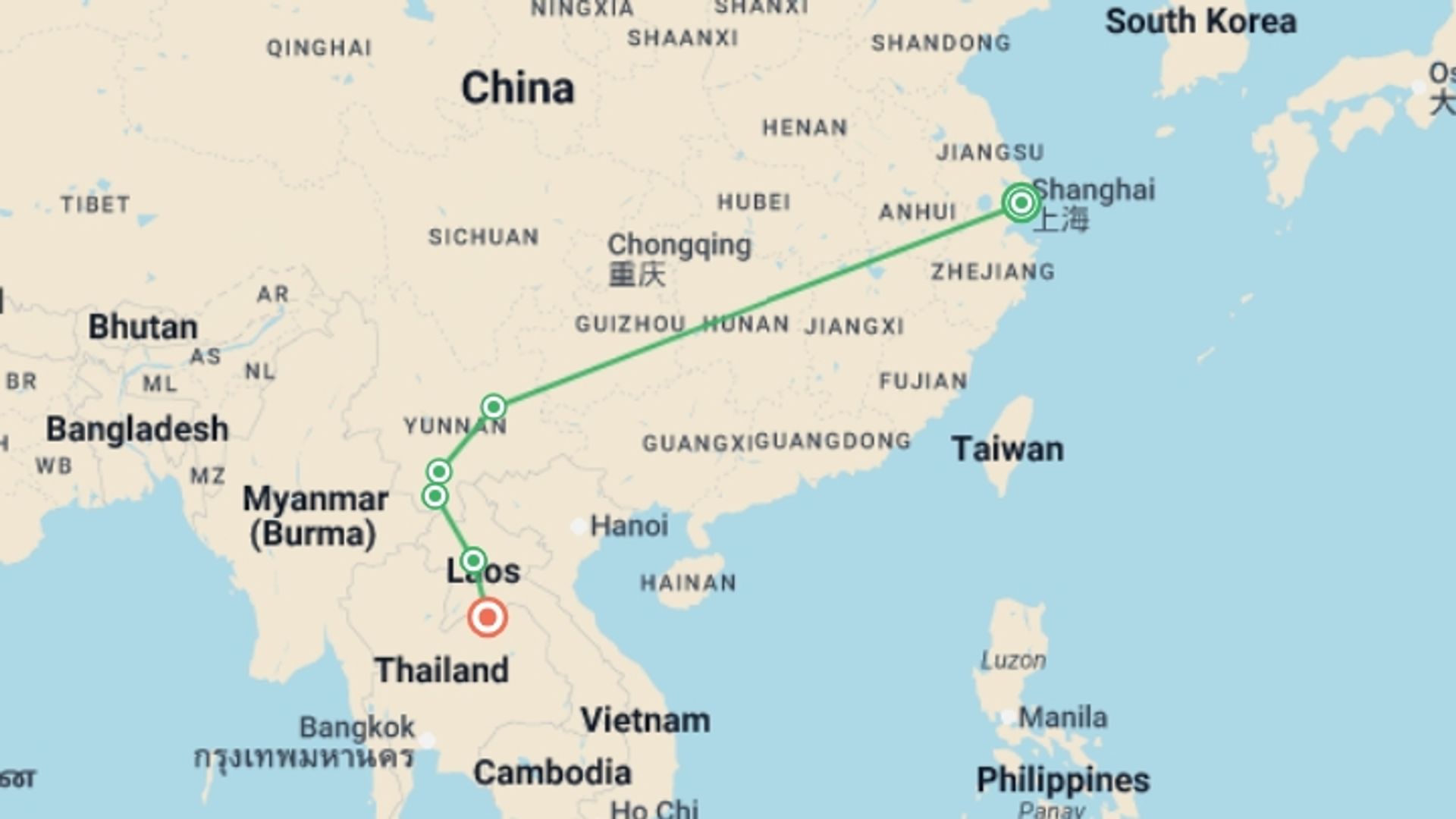 A map showing the tour itinerary for the trip: Shanghai, Yunnan & Laos Discovery - 12 days , starting in Shanghai, China and ending in Vientiane, Laos going through 4 other destinations.