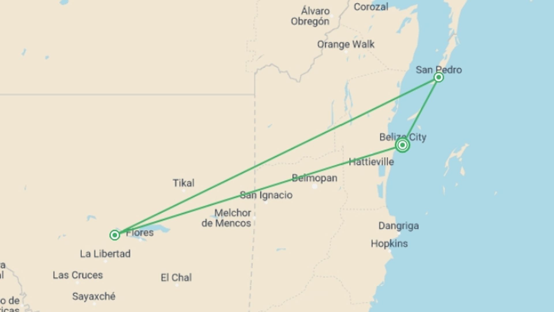 A map showing the tour itinerary for the trip: Belize Jungle and Beach, starting in Belize City, Belize and ending in Belize City, Belize going through 2 other destinations.