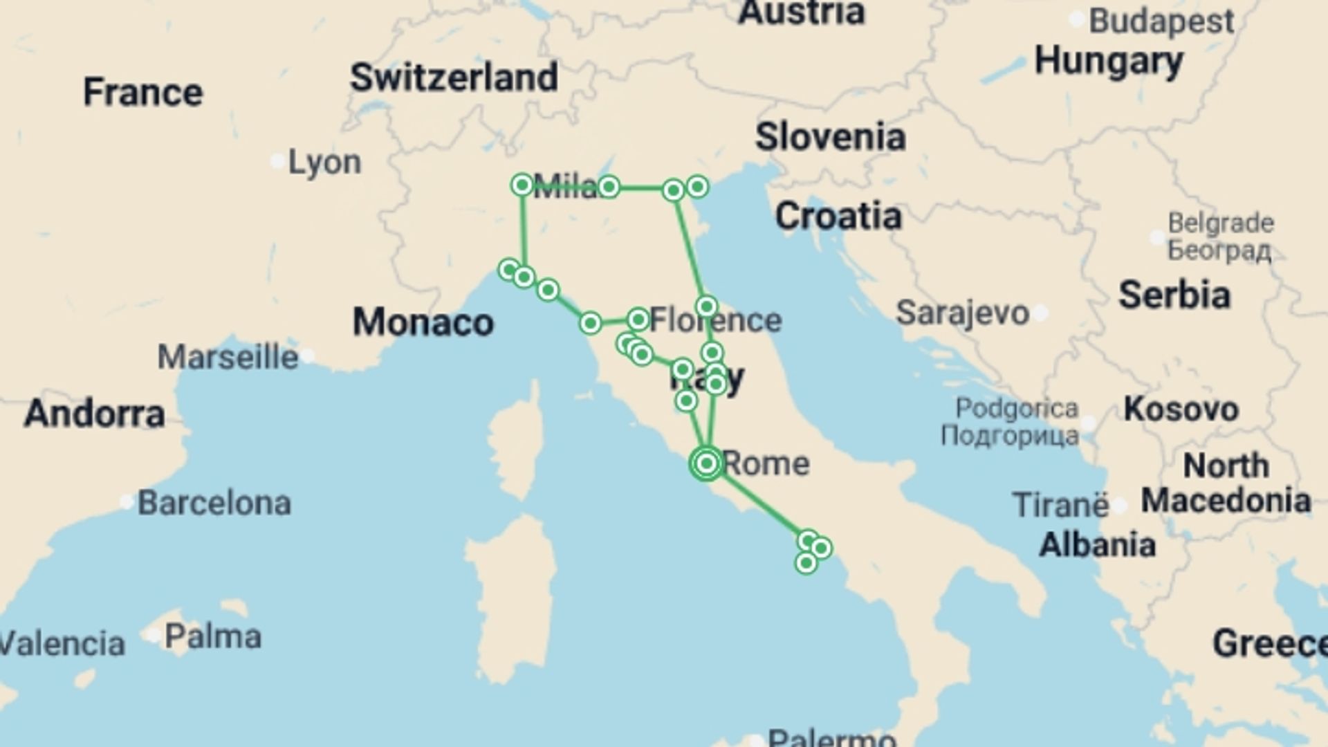 A map showing the tour itinerary for the trip: Golden Italy and Beautiful Campania, starting in Rome, Italy and ending in Rome, Italy going through 8 other destinations.