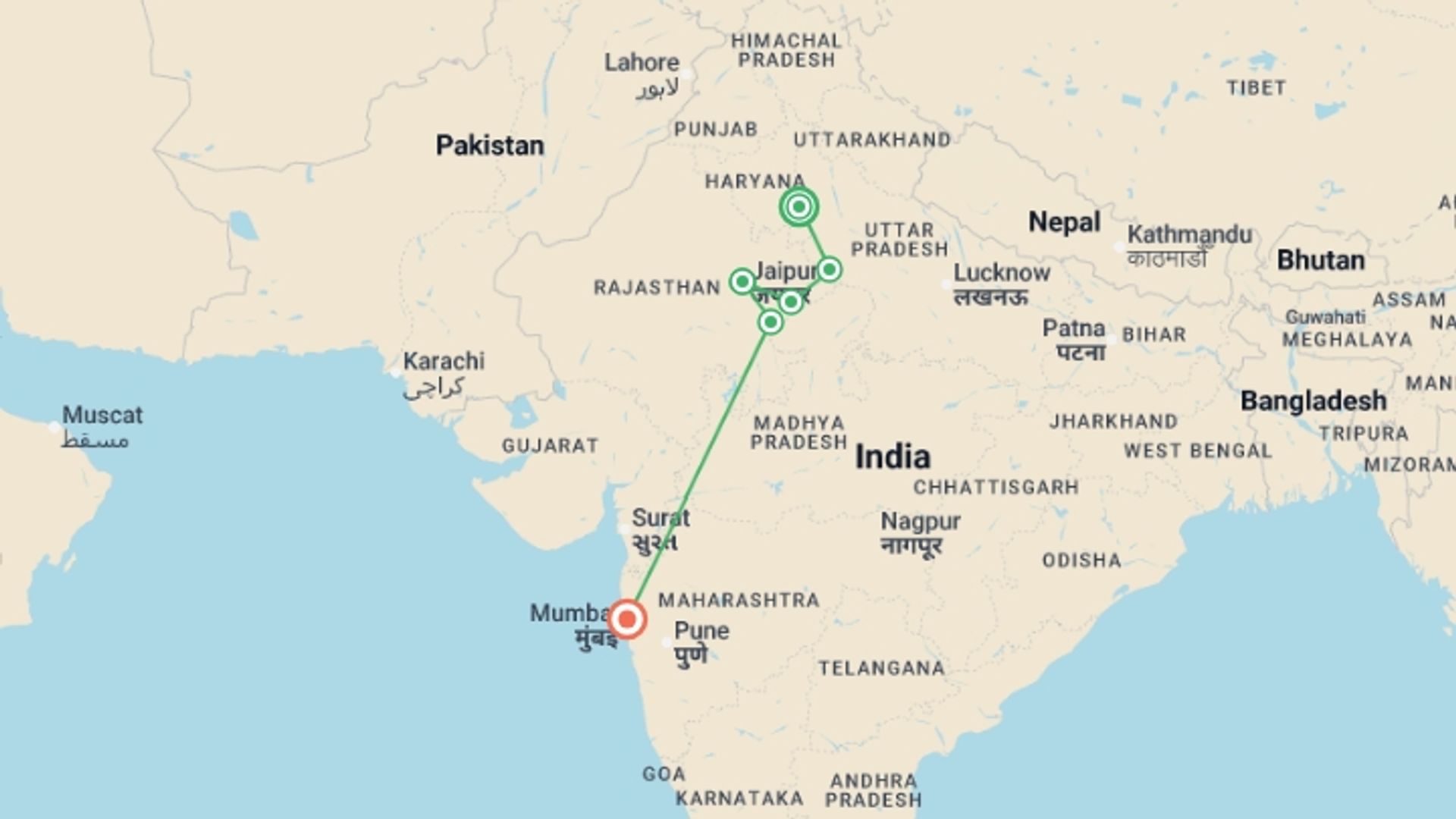 A map showing the tour itinerary for the trip: Taj, Tigers and Mumbai - 12 days, starting in New Delhi, India and ending in Mumbai, India going through 5 other destinations.