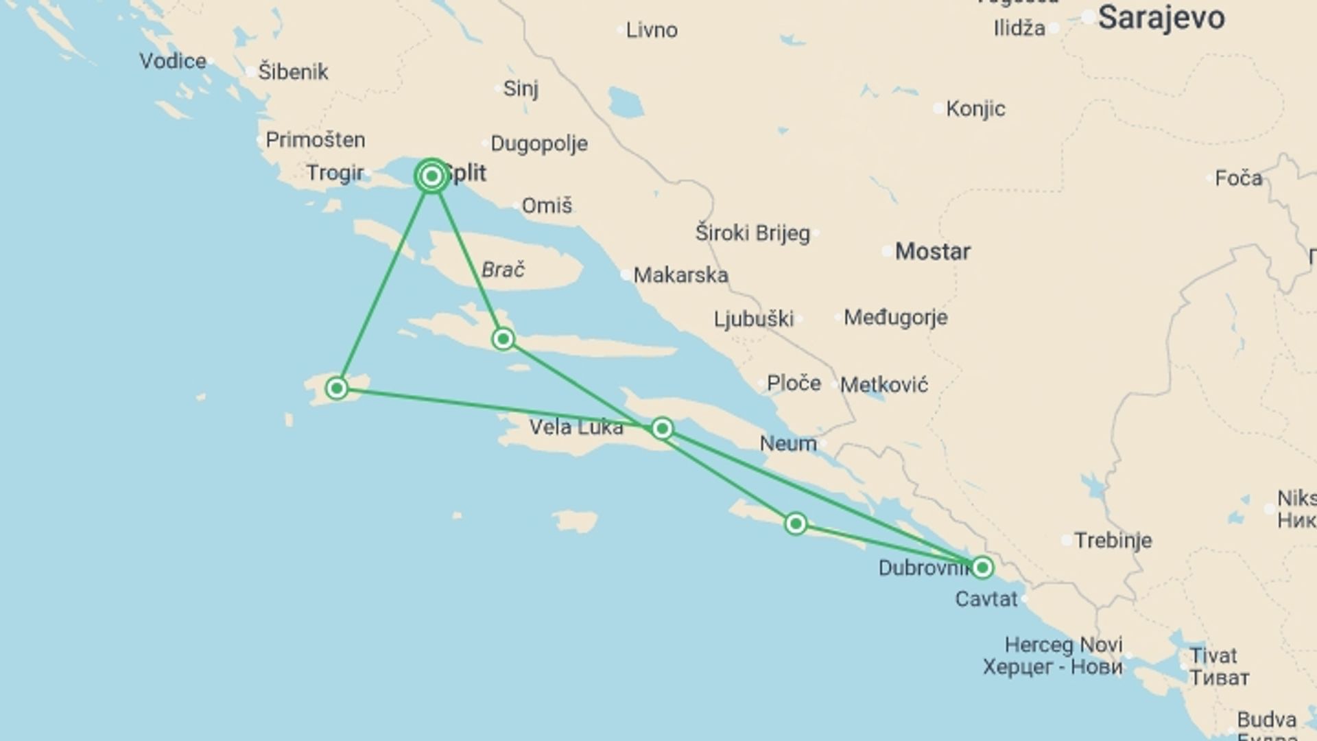 A map showing the tour itinerary for the trip: Adriatic Paradise Cruise - 8 days, starting in Split, Croatia and ending in Split, Croatia going through 5 other destinations.