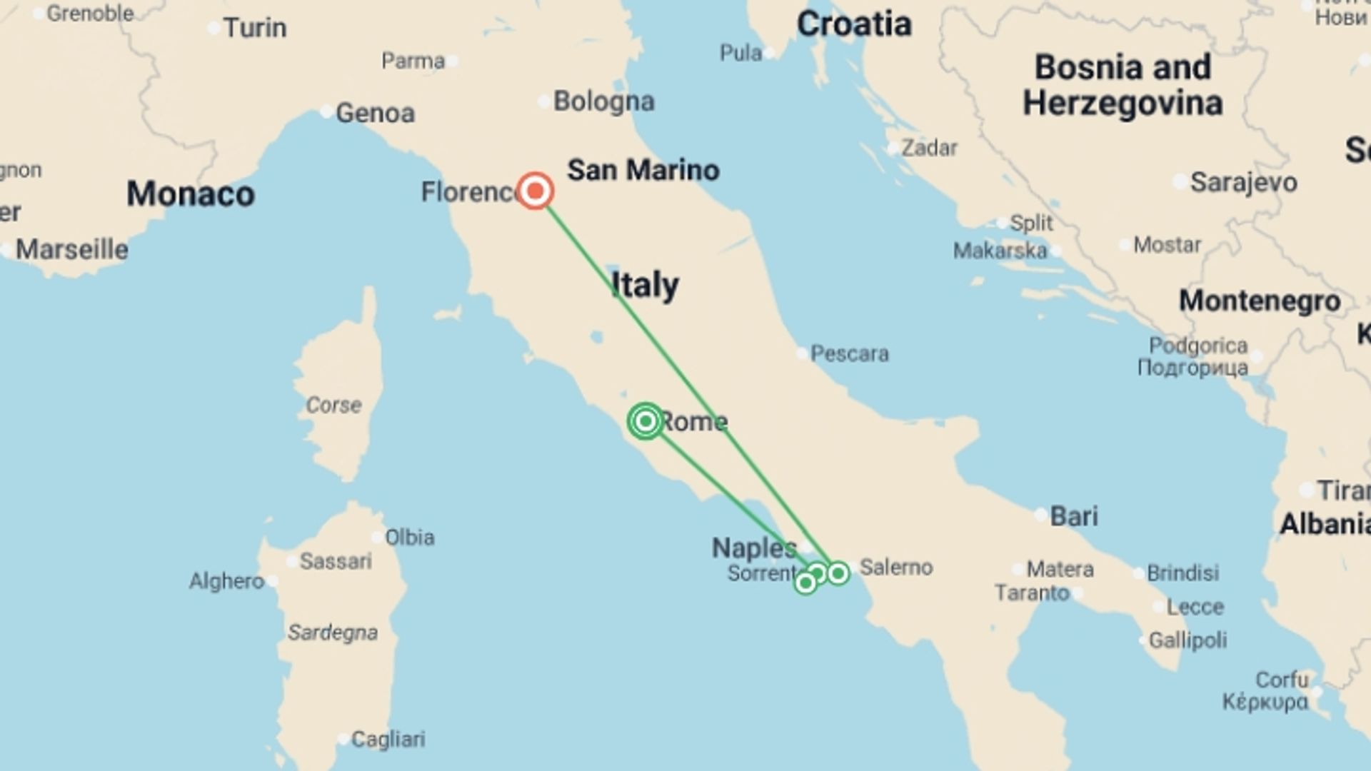 A map showing the tour itinerary for the trip: Italian Treasures: Rome, Sorrento & Florence, starting in Rome, Italy and ending in Naples, Italy going through 4 other destinations.