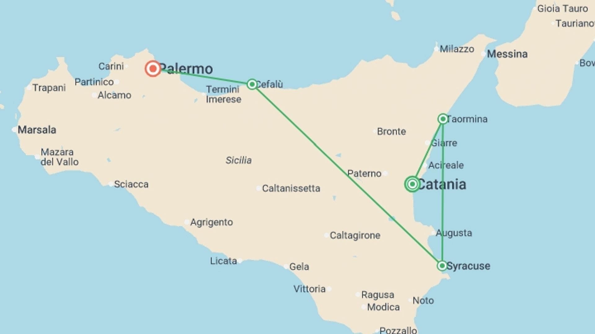 A map showing the tour itinerary for the trip: Real Sicily 35 to 45, starting in Catania, Italy and ending in Palermo, Italy going through 3 other destinations.