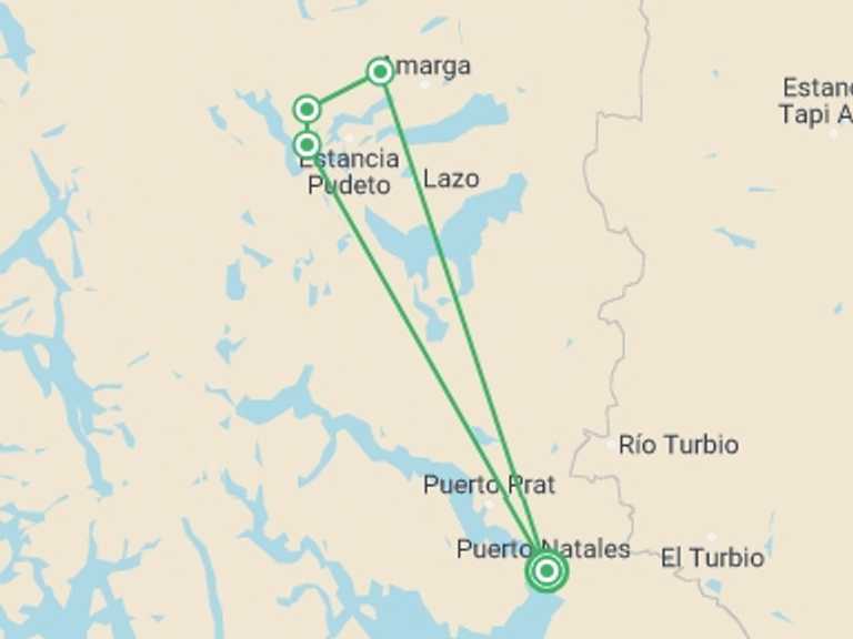 Map itinerary of Chile Tour in March 2026 with 4 destination visits for the trip: Torres del Paine Best Hikes