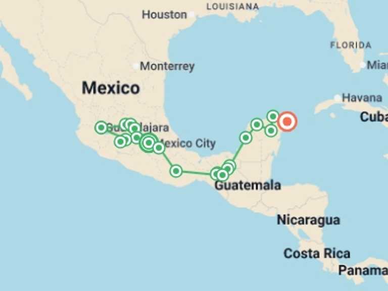 Map itinerary of North America Tour in December 2026 with 14 destination visits for the trip: The Mariachi route