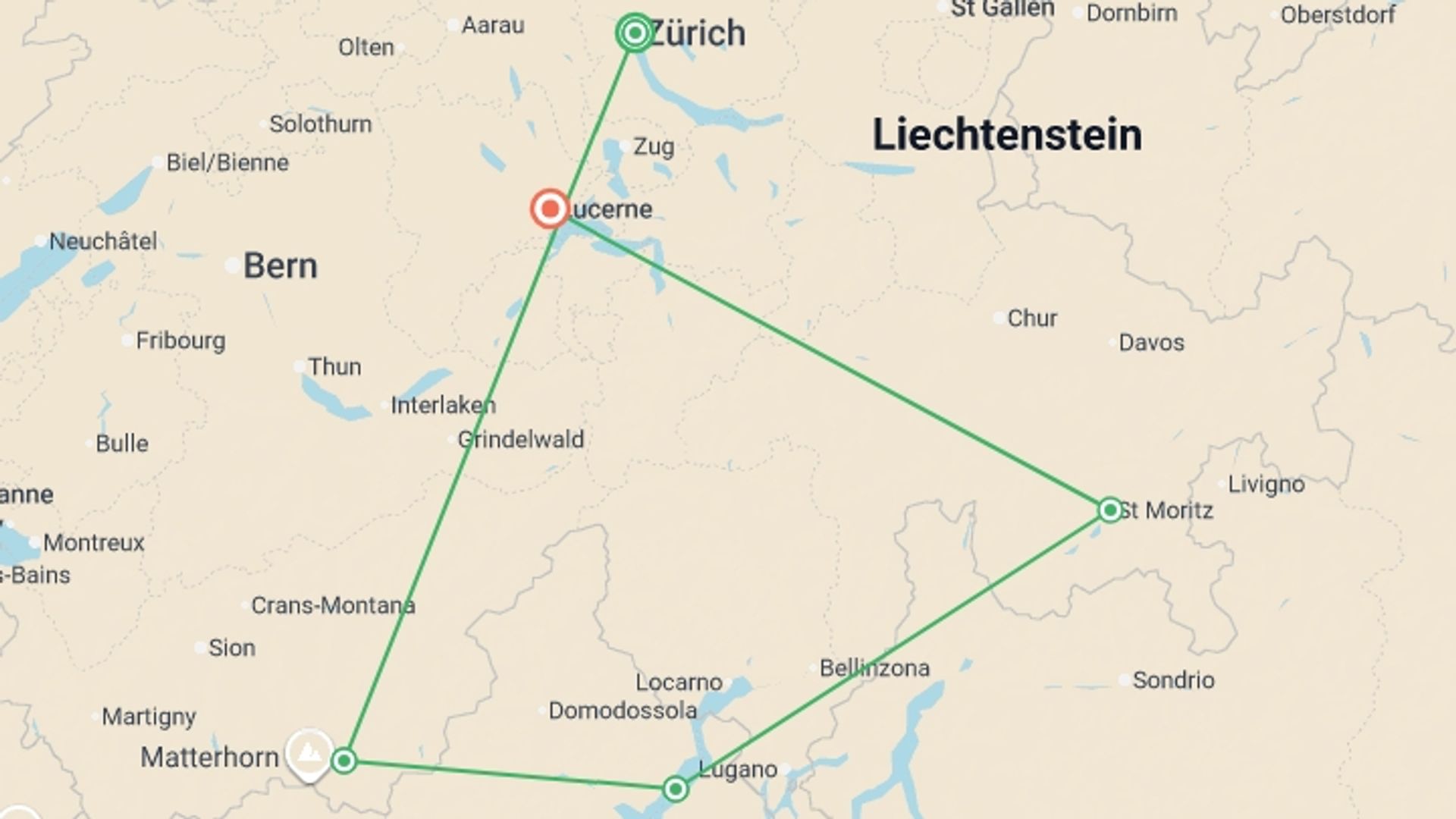 A map showing the tour itinerary for the trip: Alpine Lakes Trains, starting in Zurich, Switzerland and ending in Lucerne, Switzerland going through 4 other destinations.