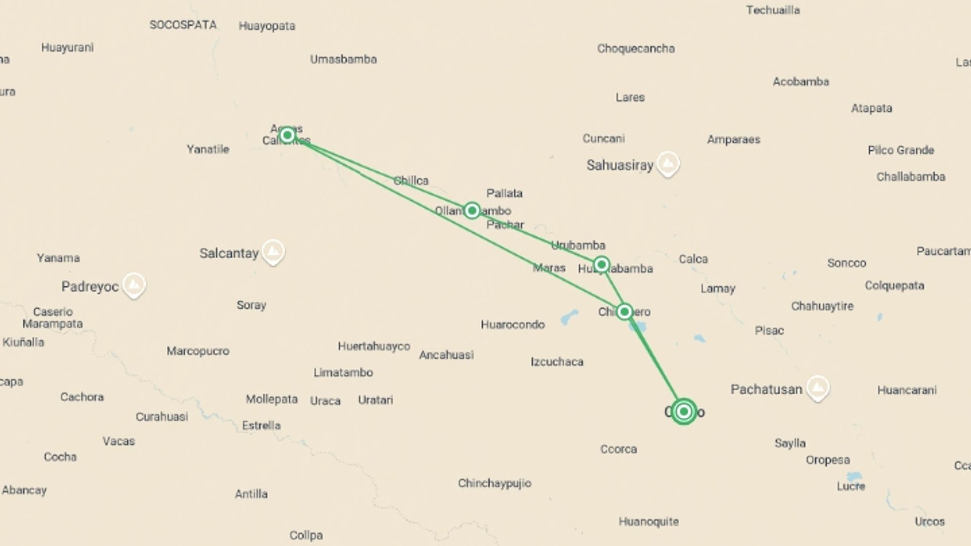 A map showing the tour itinerary for the trip: Machupicchu Express: Small Group Tour, starting in Cusco, Peru and ending in Cusco, Peru going through 3 other destinations.
