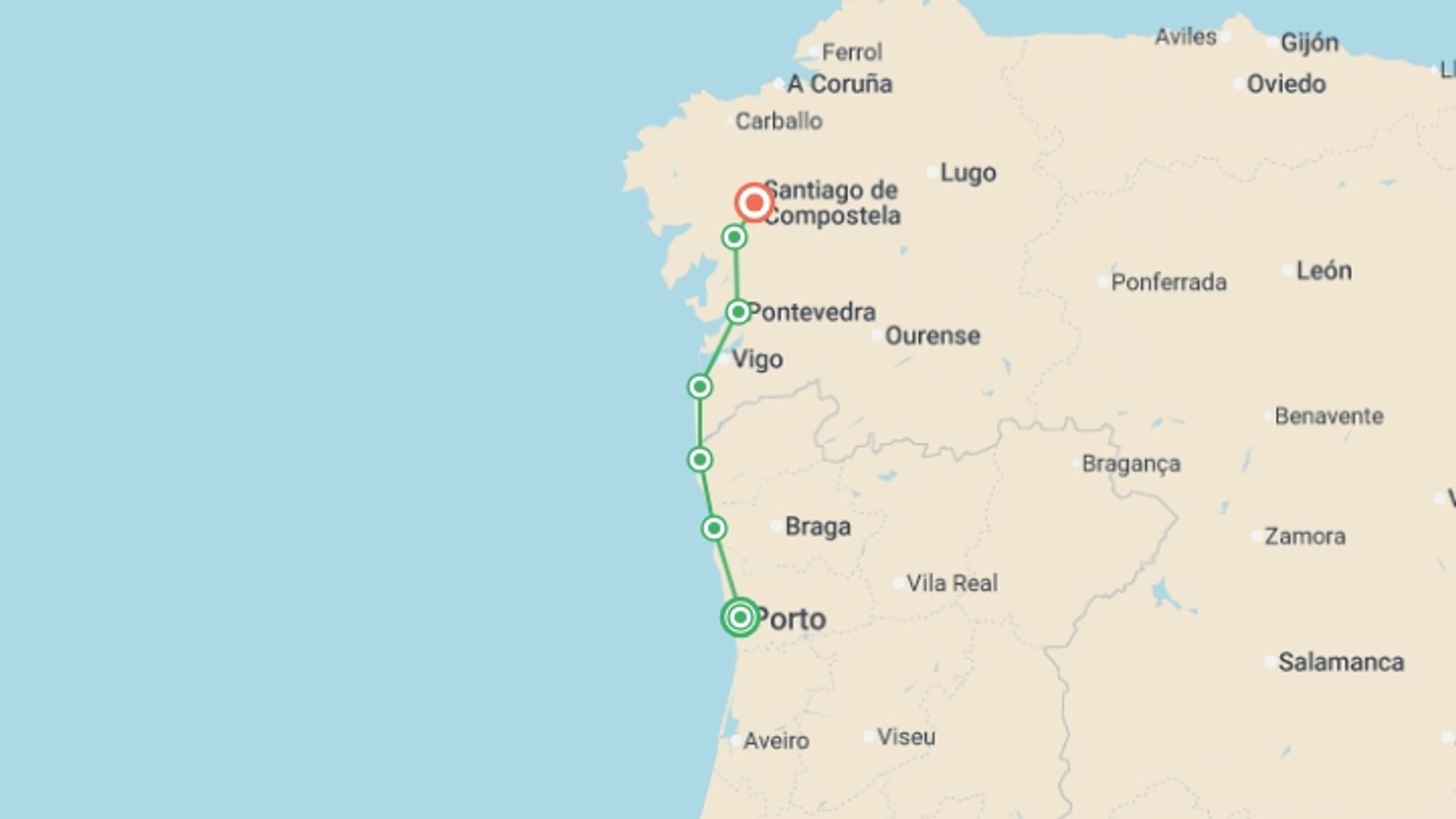 A map showing the tour itinerary for the trip: Cycle the Coastal Portuguese Camino, starting in Porto, Portugal and ending in Santiago De Compostela, Spain going through 5 other destinations.