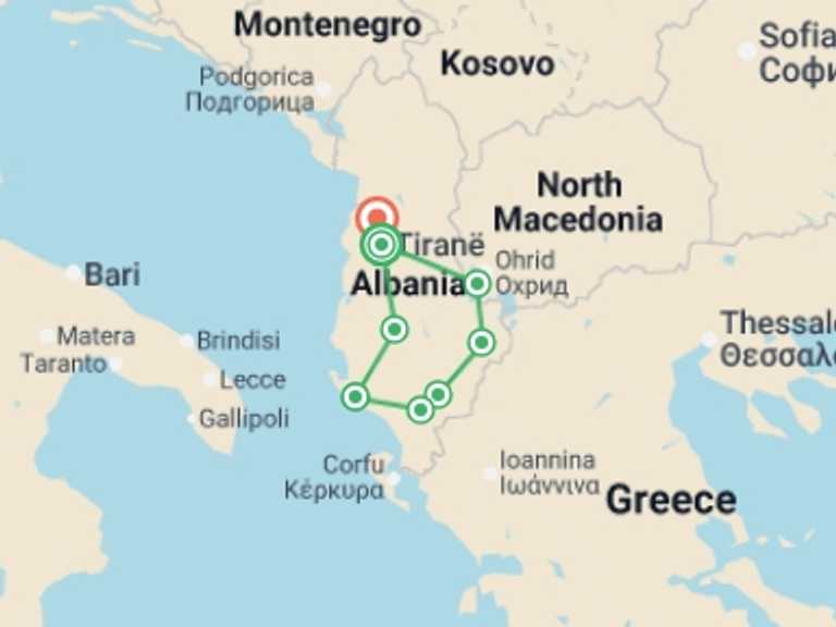Map itinerary of Europe Tour in June 2026 with 8 destination visits for the trip: Highlights of Albania