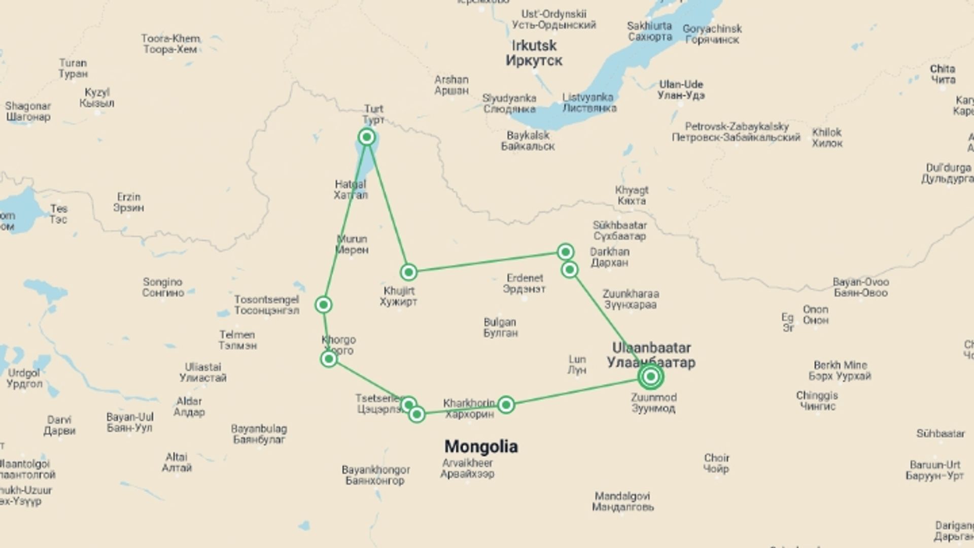 A map showing the tour itinerary for the trip: Wild Mongolia, starting in Ulaanbaatar, Mongolia and ending in Ulaanbaatar, Mongolia going through 9 other destinations.